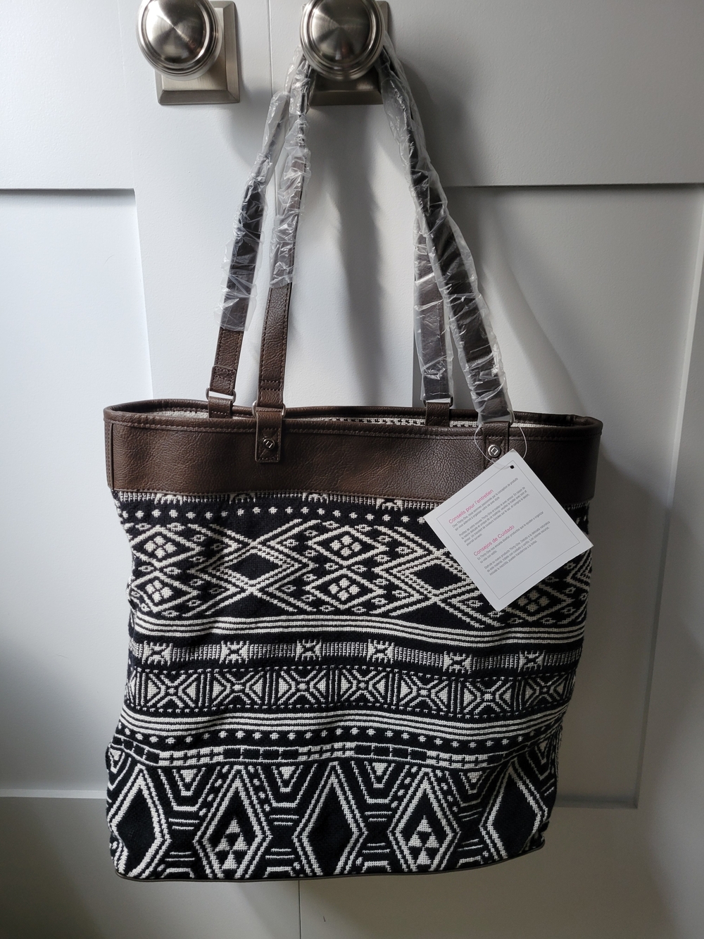 thirty-one Black & White Aztec Tote with Brown Trim